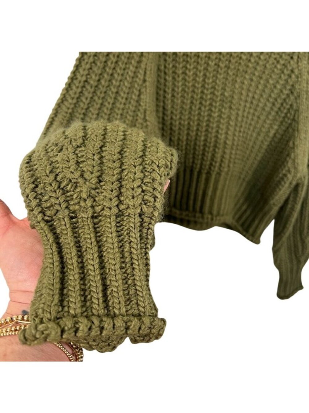 Chunky Knit Roll Neck Sweater XS Olive Green Cropped Fisherman Balloon Sleeve - Picture 4 of 11